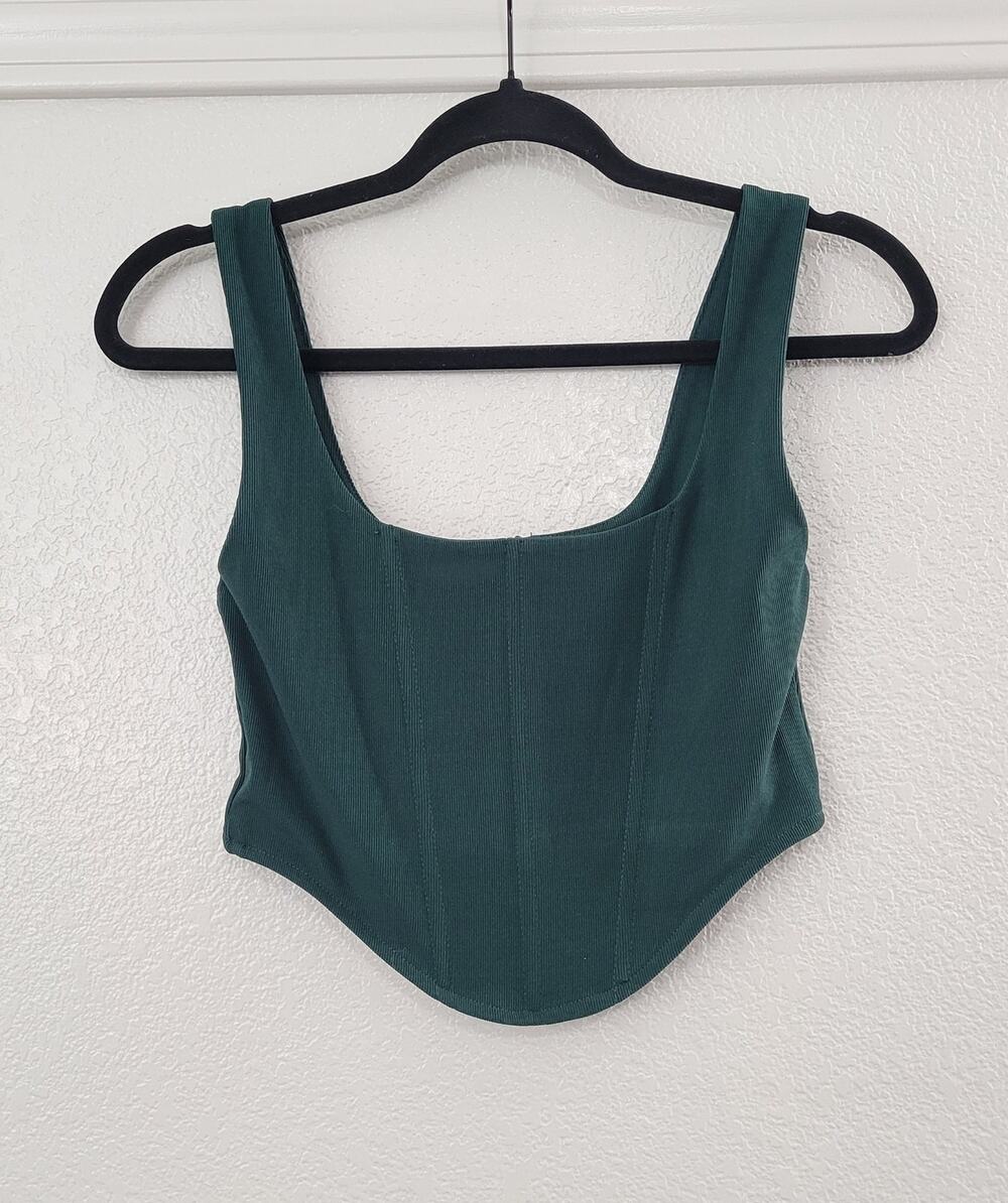Edit by Nine Women’s M Green Boned Corset Crop Top Square Neck Back Zip